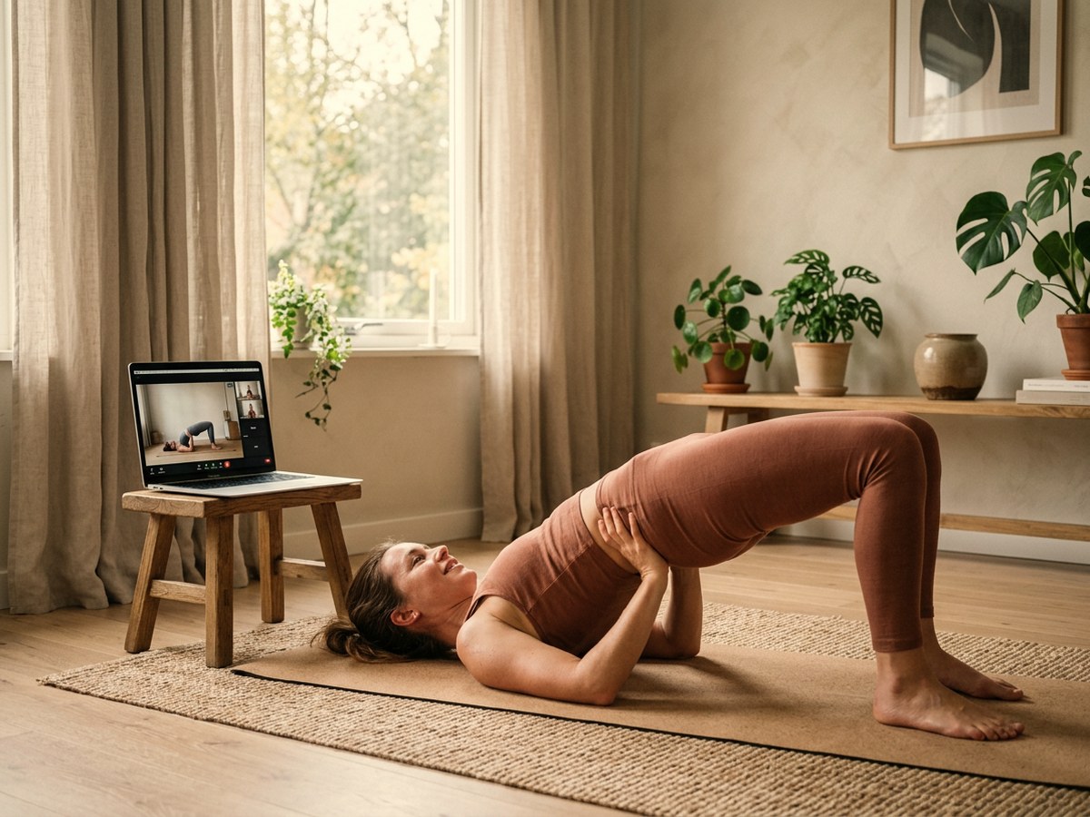 Frau praktiziert Yoga zu Hause